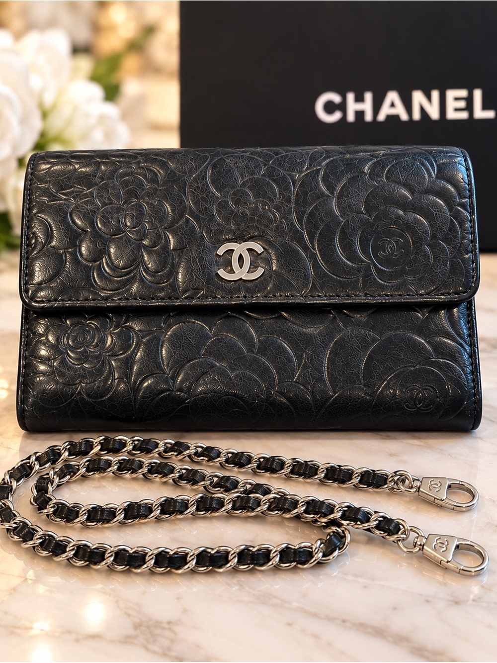 Authentic CHANEL Black Camellia Embossed Leather Wallet with Silver CC
